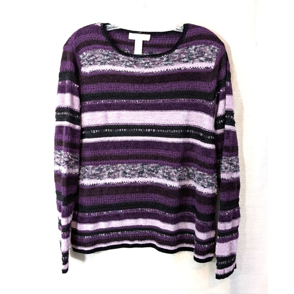 Valerie Stevens Size XL Purple Striped Cotton Blend Long Sleeve Sweater Retro